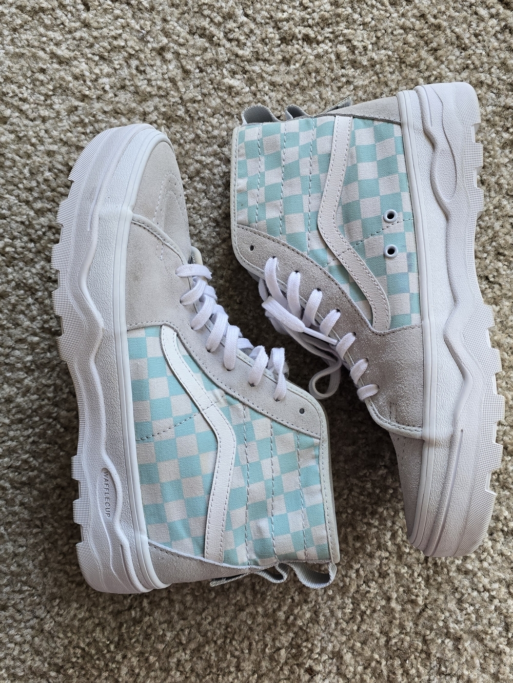 Vans High-Top Checkerboard Sneakers in Teal and White - Picture 1 of 8